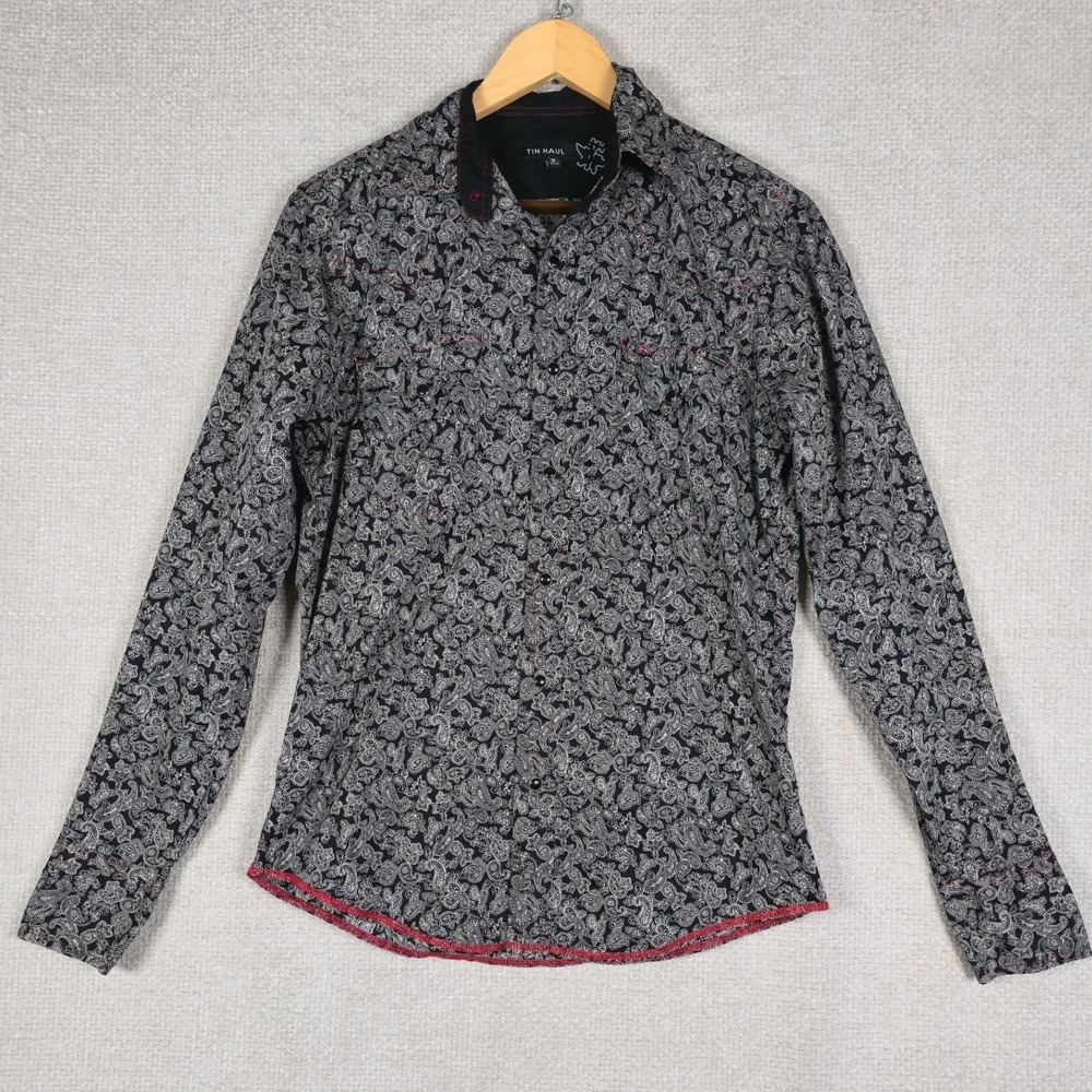 Tin Haul‎ Mens Black White Paisley Western Snap Shirt Red Stitch Size S